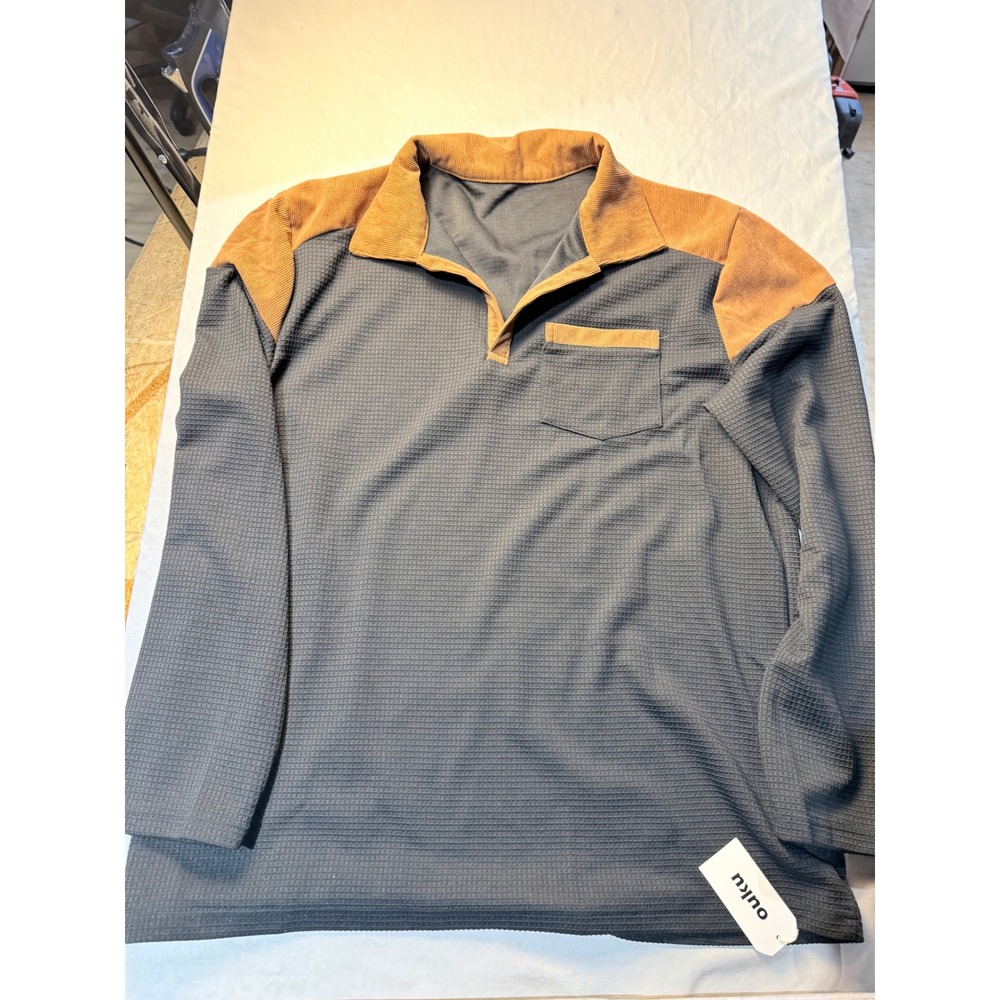 Ouku Mens Waffle Knit Long Sleeve Polo Shirt Corduroy Trim Charcoal‎ Grey Tan L